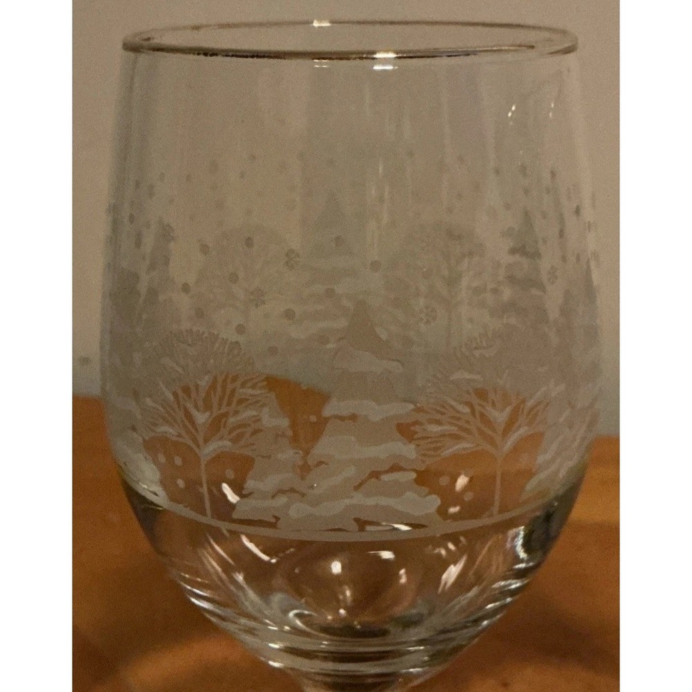 Libbey Winter Scene Set Of 3 Wine Water Glasses Frosted Trees Gold Rims - Picture 3 of 9